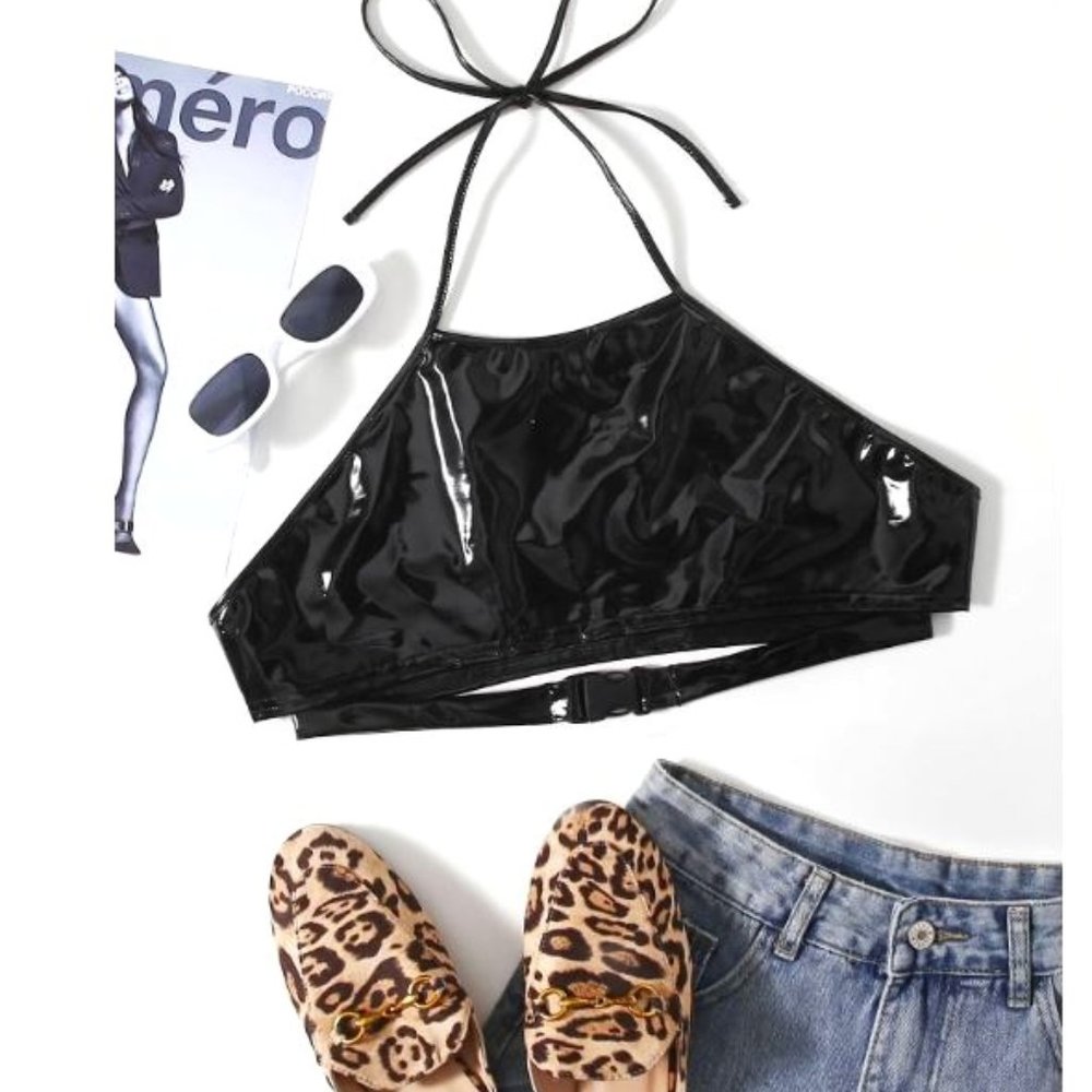 SHEIN PU  Leather Buckle Halter Bralette 4X